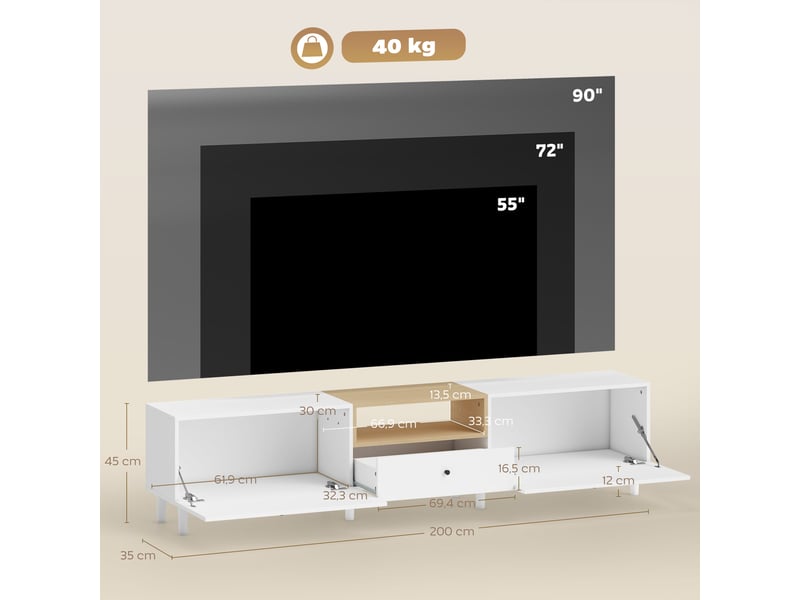  Meuble tv 2 portes abattantes 1 tiroir 1 niche panneau de particules blanc 200x35x45 cm  - Conforama C