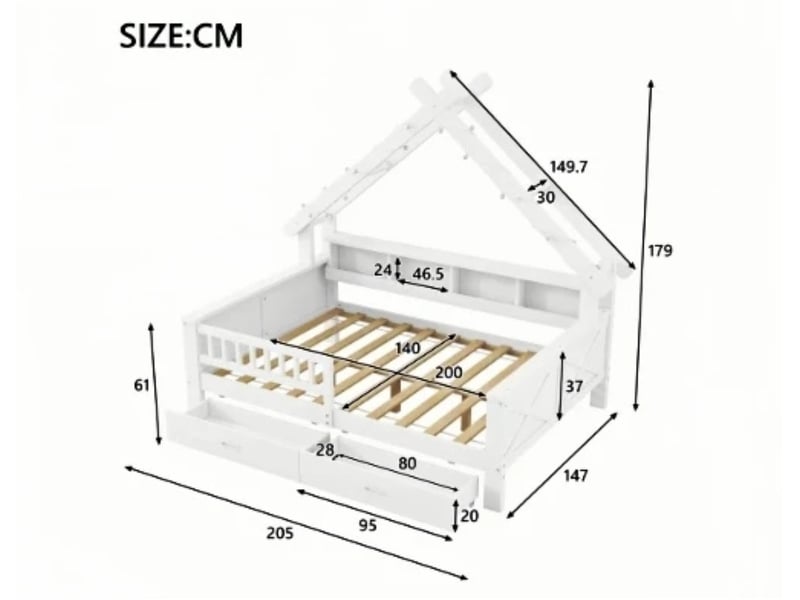  Lit enfant plateforme bois 140×200, forme maison, led, tiroirs, blanc  - Conforama C
