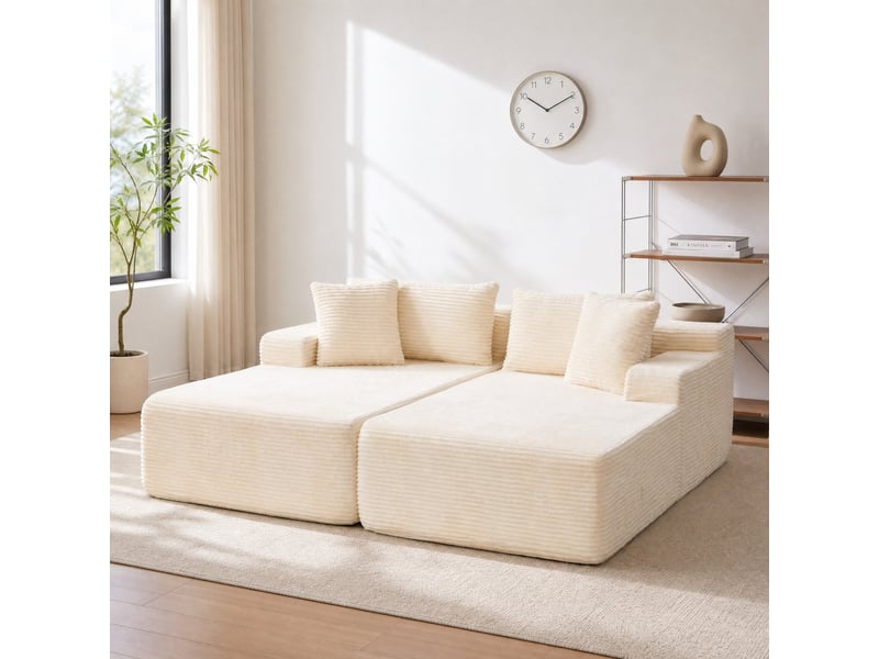  Canapé modulaire 2 places en chenille beige avec chaise longue  - Conforama C