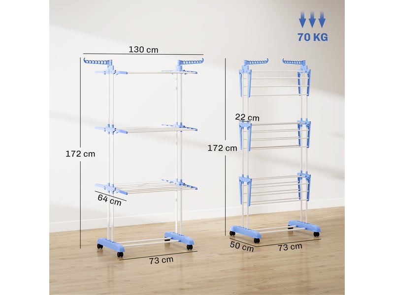  Séchoir à linge vertical pliable à roulettes, 3 niveaux avec ailettes repliables, 73 x 64 x 172 cm, bleu et blanc  - Conforama E