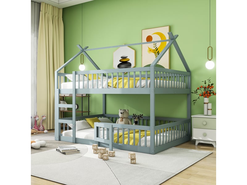  Lit étage pour enfant 140*200 cm, escalier intégré, cadre en bois massif, style loft, coloris gris  - Conforama D