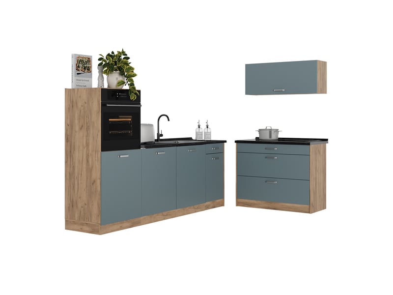  Vicco cuisine, bleu-grischêne doré, 220cm plan de travail chêne doré  - Conforama E