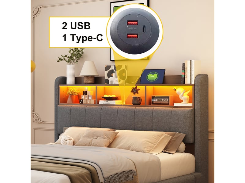  Lit capitonné suspendu 160x200 cm gris en lin, led, usb type-c et rangement de tête et coffre  - Conforama D