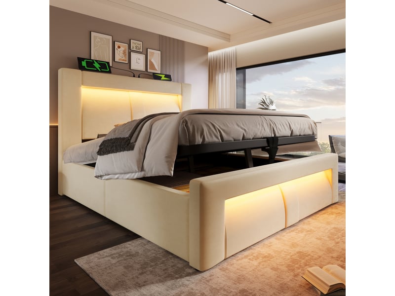  Lit coffre simple 90x200 cm en velours avec led, usb et port type-c, matelas inclus, beige  - Conforama C