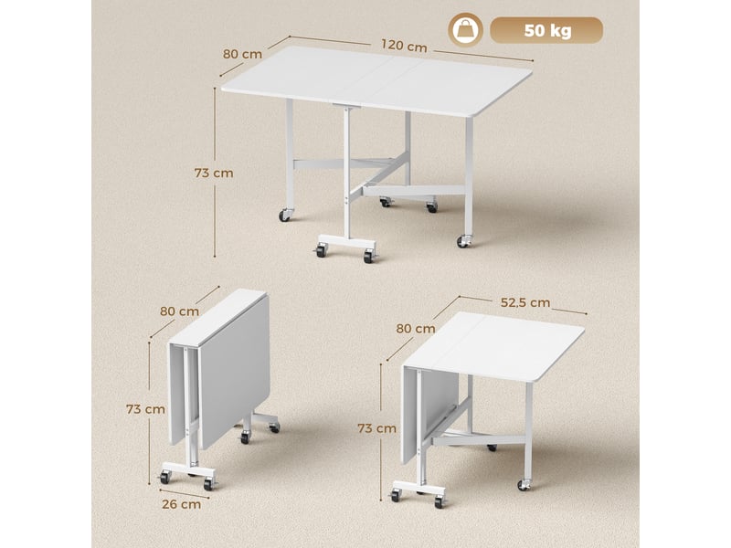  Table pliable 6 personnes - table à rabat mobile 6 roulettes - acier blanc effet bois blanc  - Conforama C