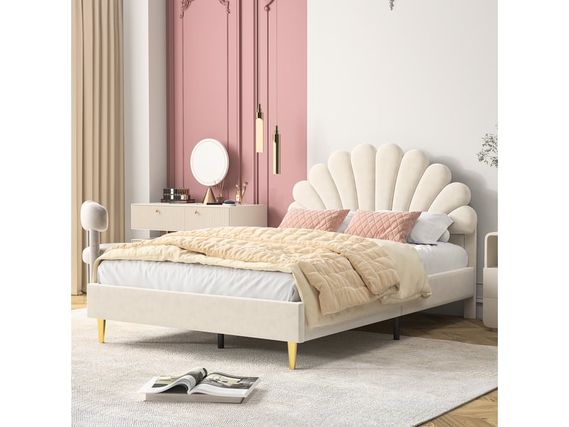  Lit enfant fille 140x200 cm lit princesse fille avec sommier à lattes pour enfants et adolescents, velours, ​​beige  - Conforama W