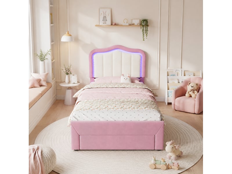  Lit enfant simple 90 × 200 cm avec tiroir, led contrôlée par application et tête de lit blanche, sans matelas, rose  - Conforama B