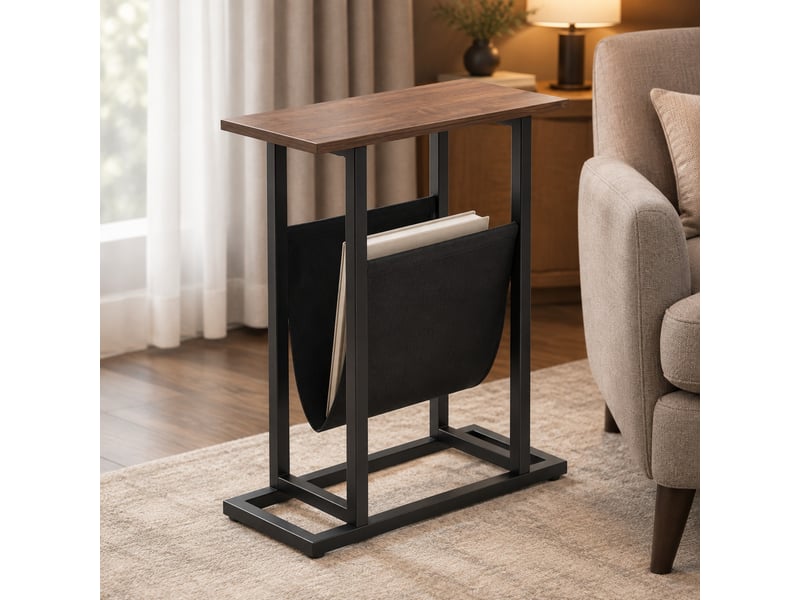  Table d’appoint compacte avec poche de rangement - lpospi - cadre acier, brun foncé et noir, 49 × 19 × 55 cm  - Conforama C
