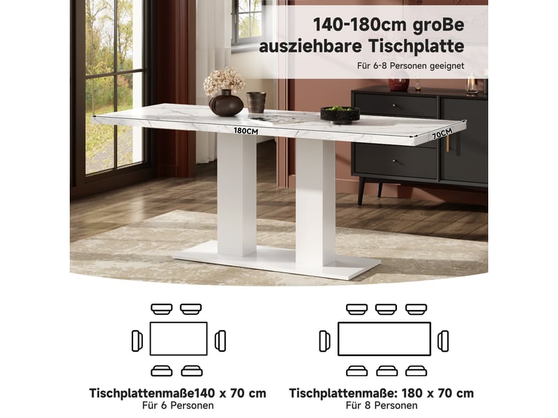 Table à manger extensible,140x70 cm,pour 6-8 personnes,mdf,blanc - Conforama E