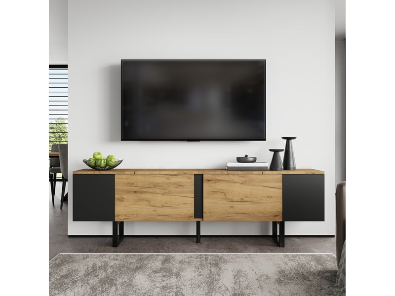  Meuble tv rangement 180x40x55 cm bois naturel deux portes etagere stable pour salon homvra  - Conforama B
