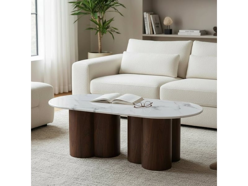  Table basse ovale en marbre composite pieds couleur bois foncé 120 cm  - Conforama D