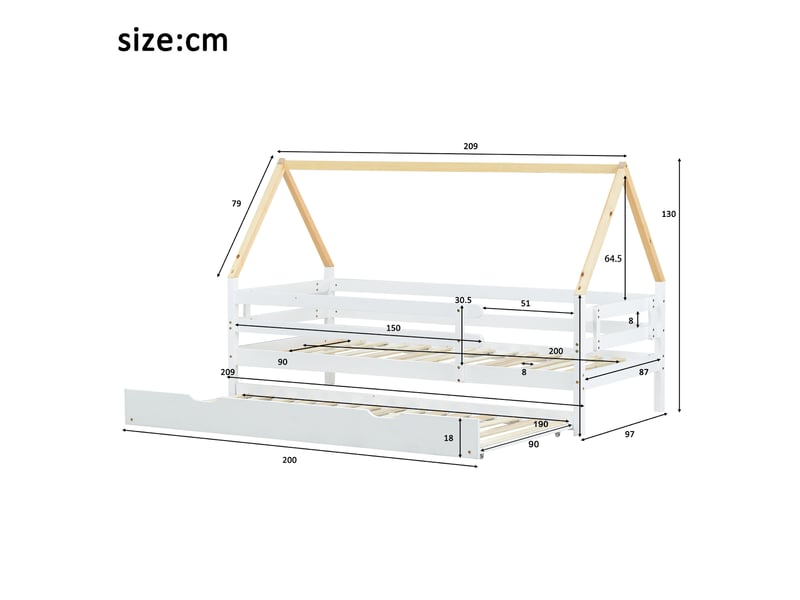  Lit enfant 90x200 cm – lit cabane avec lit gigogne et tiroir pratique – blanc – sans matelas  - Conforama D