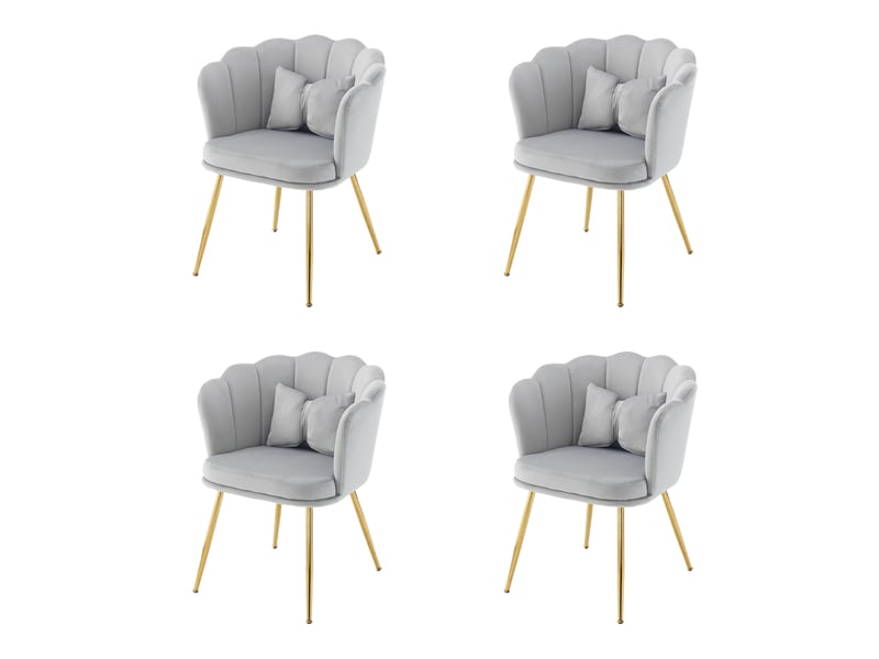  Lot de 4 chaises 63x58x77 cm, dossier pétale, coussin papillon, pieds métal doré, velours gris  - Conforama A