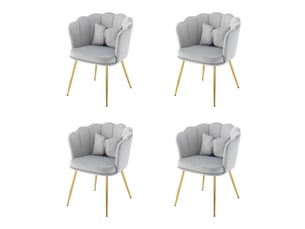 Lot de 4 chaises 63x58x77 cm, dossier pétale, coussin papillon, pieds métal doré, velours gris
