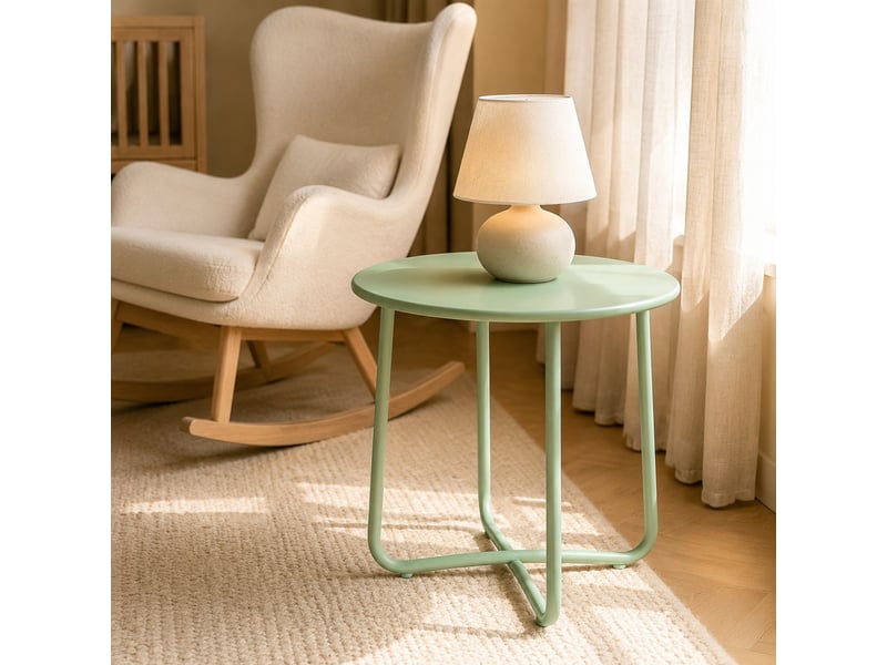  Table basse de jardin ronde, avec pieds croisés et patins réglables, pour terrasse, en métal vert, ø 48 × 51 cm  - Conforama D