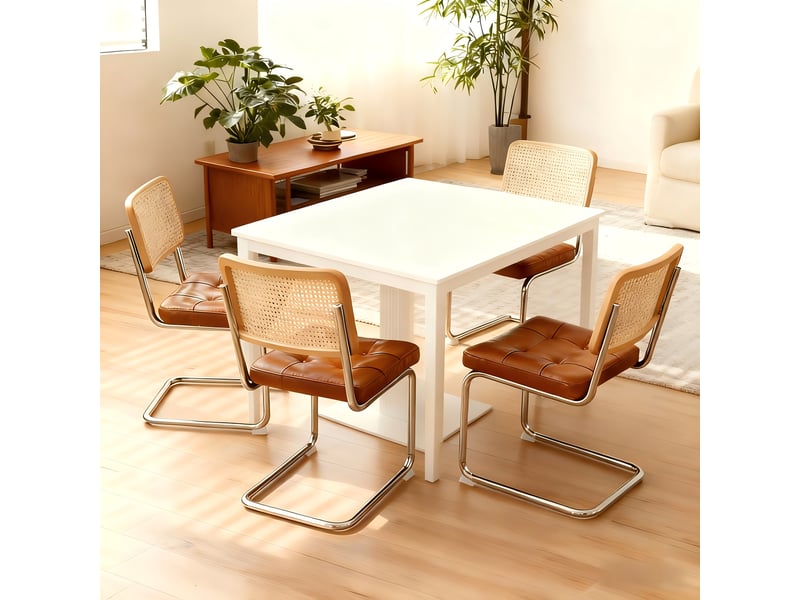 Lot de 4 chaises de salle à manger, chaises de cuisine marron avec dossier respirant en rotin et structure luge en métal chromé. - Conforama B