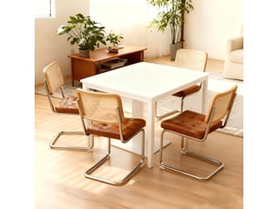 Lot de 4 chaises de salle à manger, chaises de cuisine marron avec dossier respirant en rotin et structure luge en métal chromé.