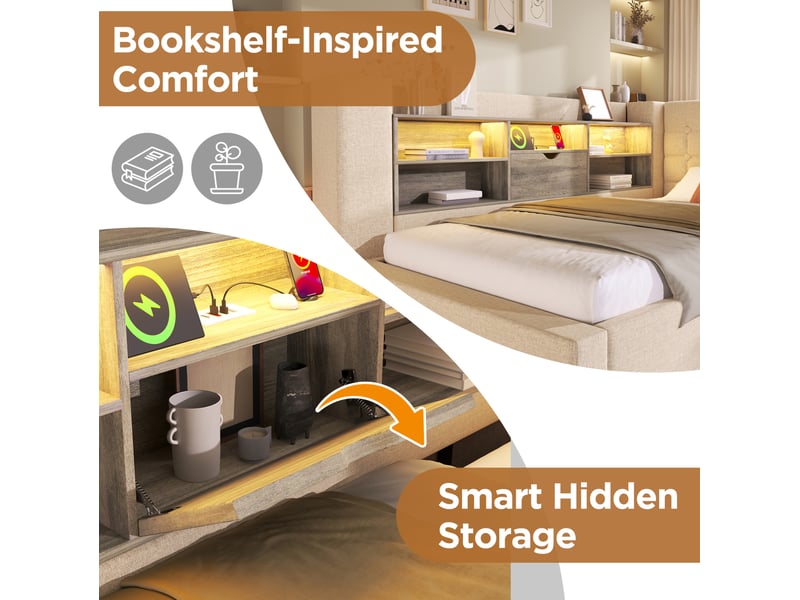  Lit coffre 90x200 cm, led multicolore, port usb-c, tête de lit réversible, tissu lin beige, métal et bois, sans matelas  - Conforama D
