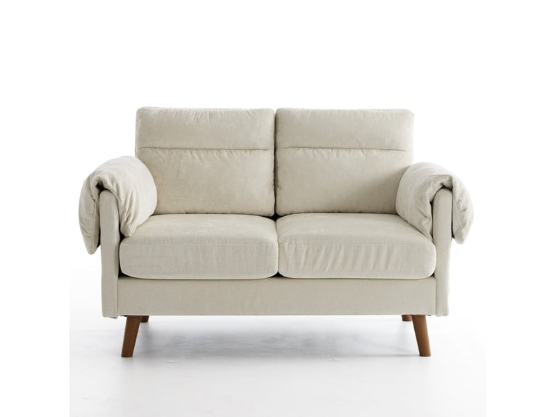  Canapé droit 2 places 124 cm beige en tissu chenille, coussins généreux et pieds effet bois Fay Lum - Conforama A
