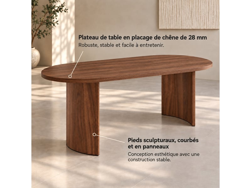  Table à manger 200 x 90 cm à pieds courbés, couleur noyer, 6 à 8 personnes  - Conforama E
