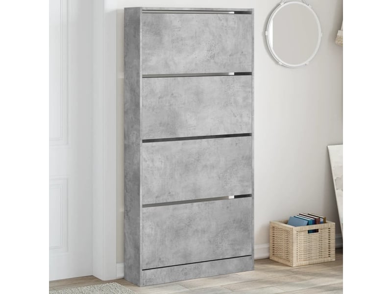  Meuble à chaussure | armoire à chaussures 4 tiroirs rabattables gris béton  - Conforama B
