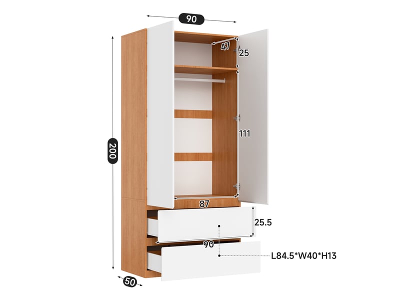  Armoire chambre 90x50x200 cm, garde-robe moderne pour entrée et bureau, avec 2 portes et 2 tiroirs, en mdf, blanc  - Conforama E