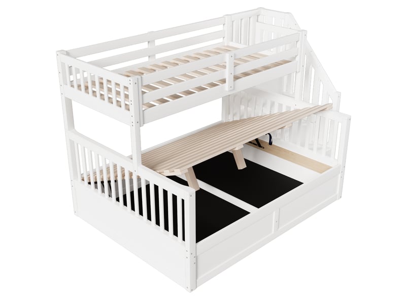 Lit superposé 90x200 et 140x200 cm en pin avec escalier de rangement et coffre hydraulique, blanc - Conforama W