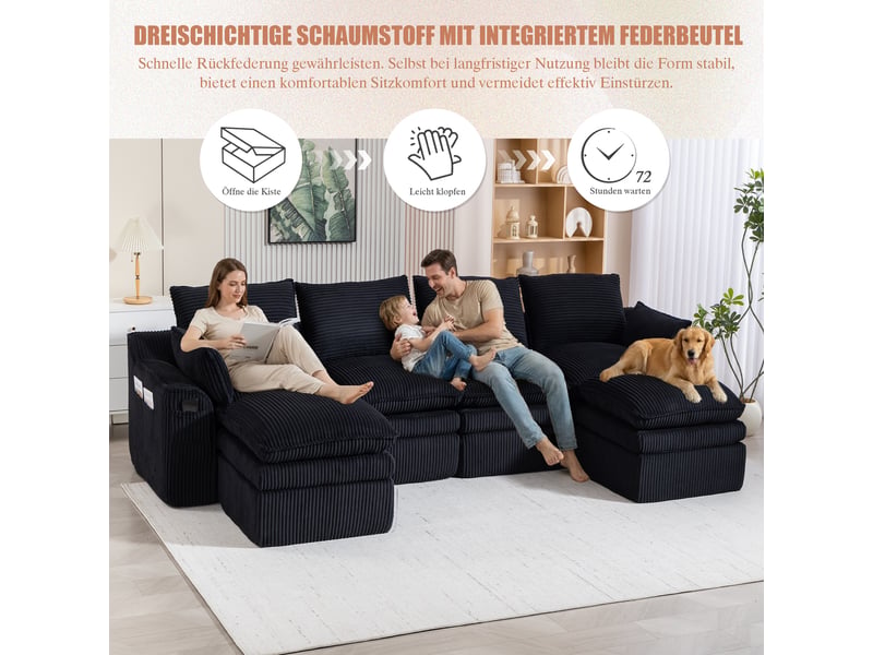Canapé d'angle panoramique fixe 4 places tissu noir canapé compressible - Conforama E