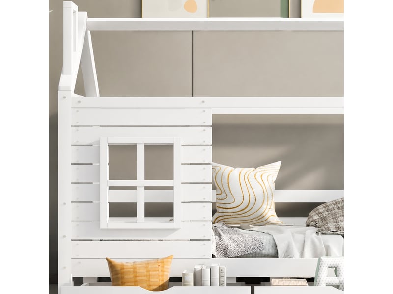  Lit cabane enfant 80 x 160 cm avec 2 tiroirs et barrières, pin massif, blanc  - Conforama R