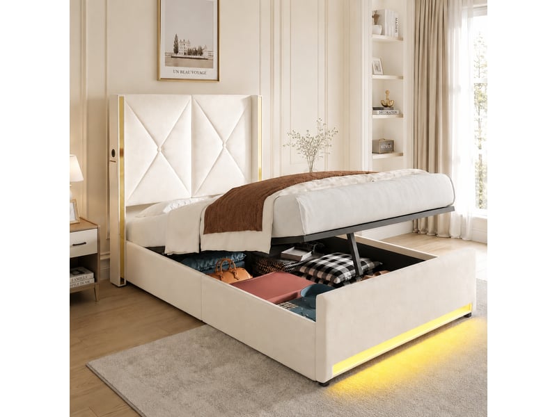  Lit coffre 90 x 200 cm, relevage hydraulique, tête haute capitonnée, ports usb et type-c, led, velours beige  - Conforama D