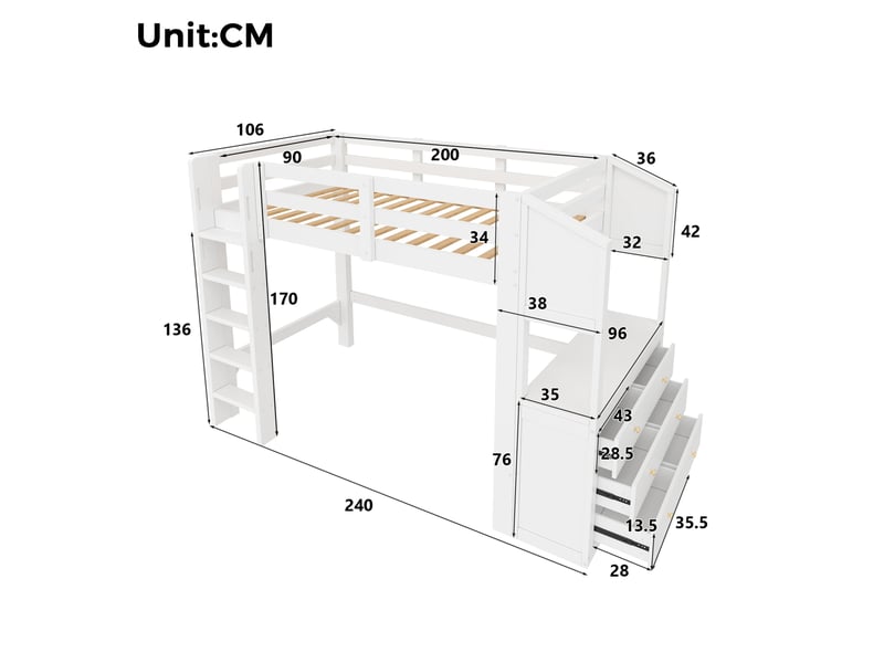  Lit mezzanine 90x200 cm avec 3 tiroirs et étagères, éclairage led, blanc  - Conforama E