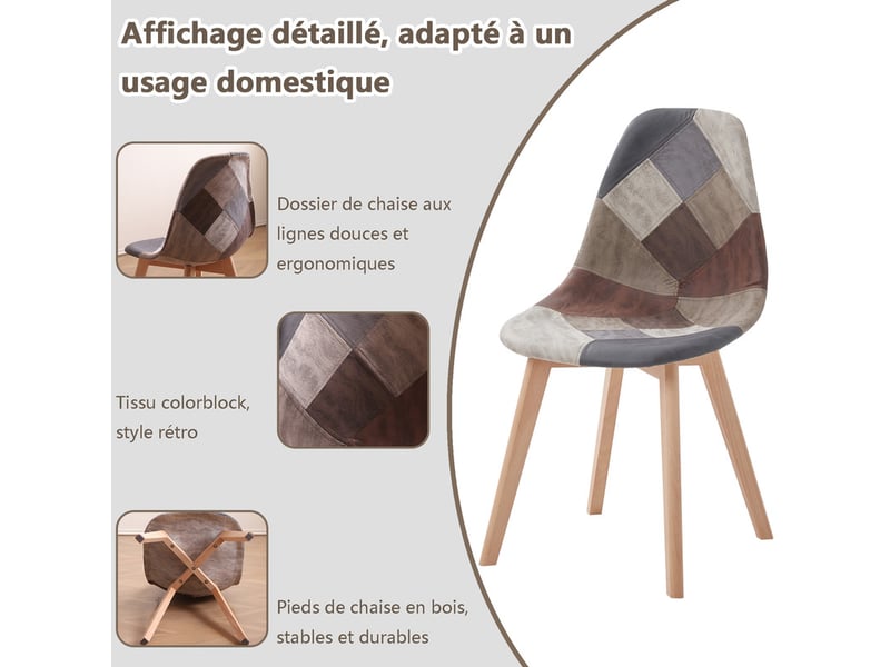  Lot de 4 chaises patchwork - chaises de salle à manger - pieds en hêtre(brun) - style rétro  - Conforama D