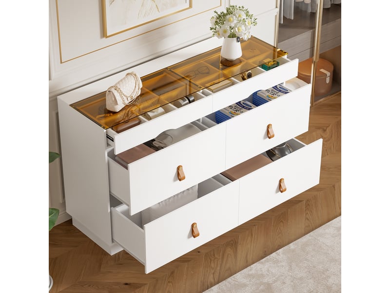 Commode à bijoux blanche 6 tiroirs, plateau en verre trempé, compartiments, 120 x 40 x 78 cm  - Conforama B