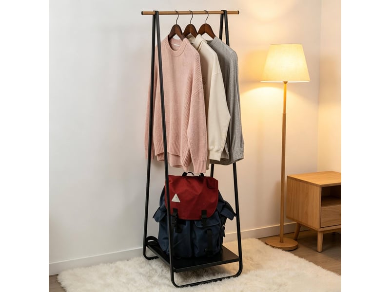  Porte-manteau sur pied noir en métal et bois avec étagère, 141 cm  - Conforama B