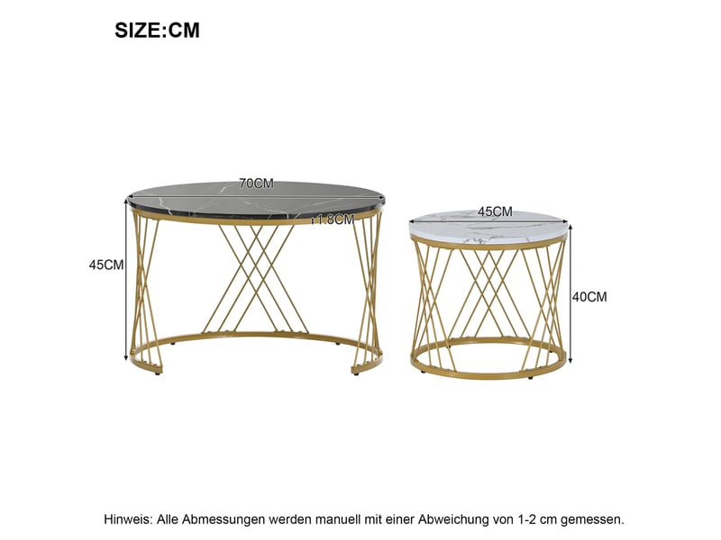  Lot de 2 tables basses gigognes rondes 70x4545x40 cm effet marbre noir et blanc  - Conforama C