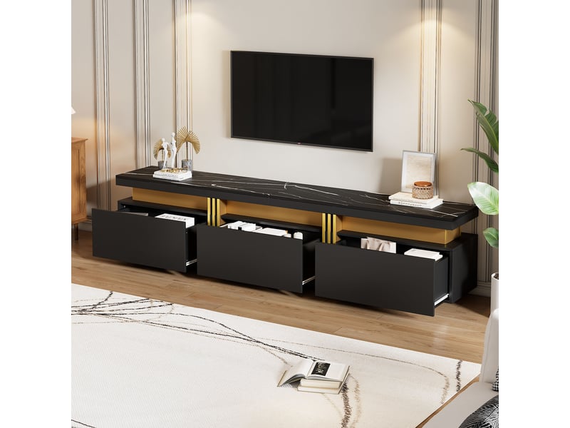  Meuble tv 200x40x42 cm lowboard aspect marbre, trois tiroirs et 1 passe-câbles, commode tv pour téléviseurs jusqu'à 90 pouces  - Conforama B