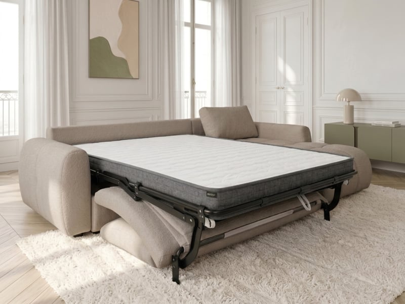  Bobochic canapé d'angle réversible convertible coffre fuji ouverture express tissu chiné beige  réversible FUJI - Conforama D