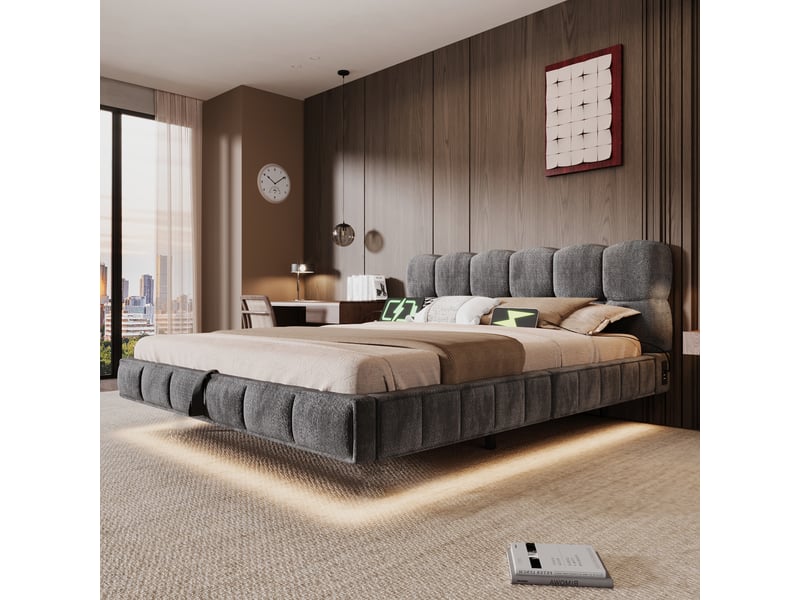 Lit coffre bubble en chenille gris 140x200 cm avec led, usb et type-c Fay Lum - Conforama D