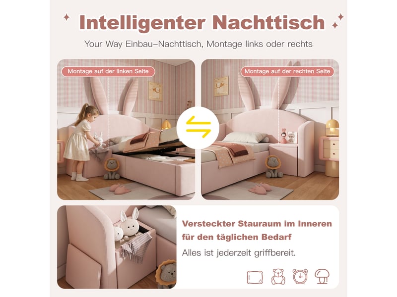  Lit simple 90x200 cm, lit enfant, coffre de rangement, table de chevet, motif lapin, velours rose  - Conforama E