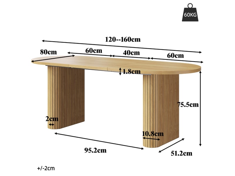 Table à manger extensible 120-160 cm ovale, table de salle à manger avec pieds rainurés, plateau épais et coins arrondis, naturel, marron ou noir Seren Glow - Conforama C