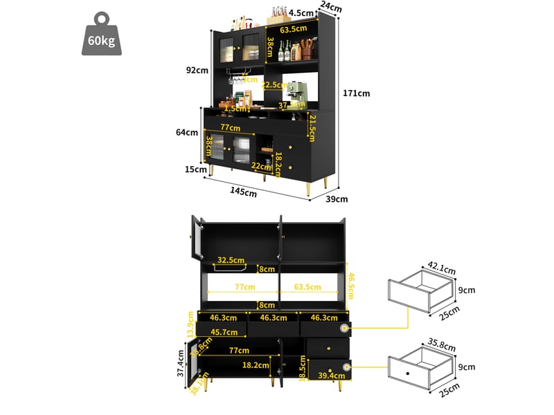  Buffet haut 145x39x171 cm noir mdf, portes vitrées, range-vaisselle et bouteilles  - Conforama C