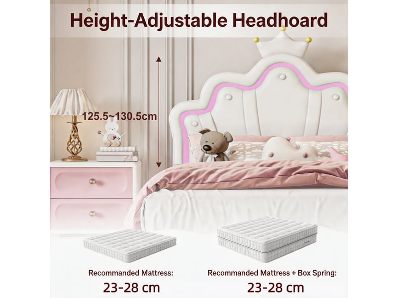  Lit enfant 90x190 cm, lit rembourré en similicuir pu blanc avec tête de lit couronne et nuage, éclairage double led rgb (tête et sous le lit), hauteur réglable  - Conforama R
