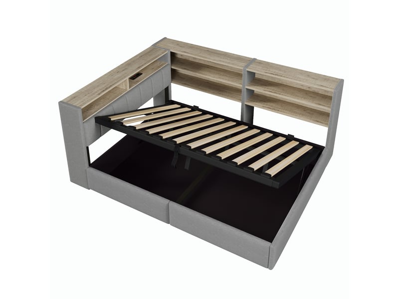  Canapé-lit 140 x 200 cm, suspension hydraulique, prise électrique, rangement latéral réversible (gauche ou droite), port usb, éclairage led, sans matelas, velours gris  - Conforama D