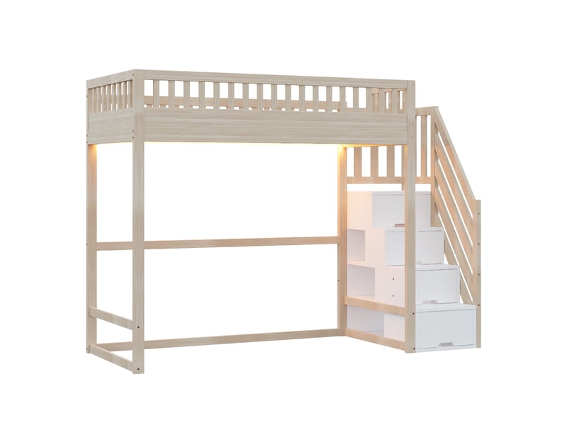 Lit mezzanine enfant 90x200 en bois avec rangement et led - escalier réversible, sécurité renforcée, gain de place, blanc naturel  - Conforama A