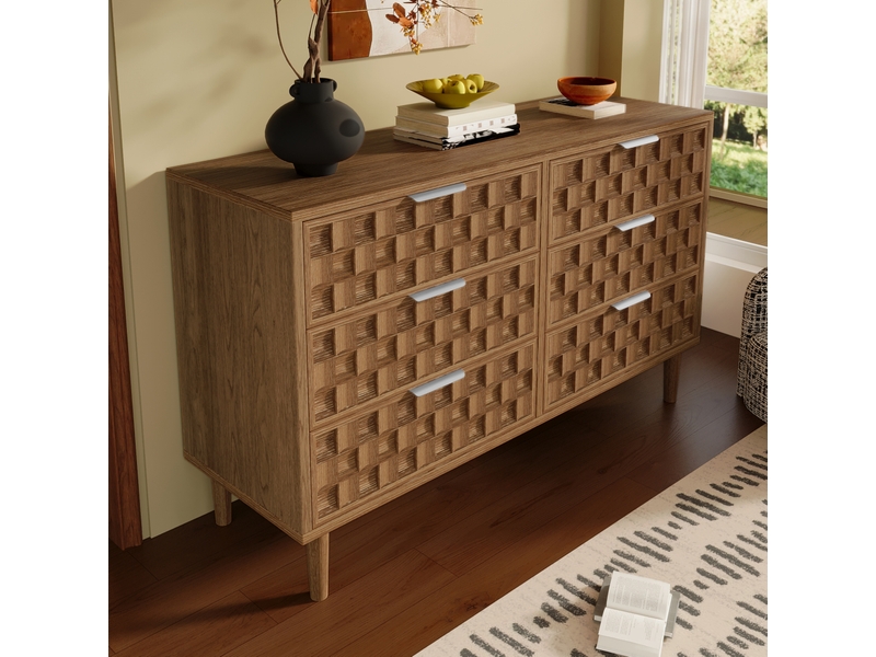  Buffet et enfilade avec 6 tiroirs et poignées métalliques, style vintage pour salon en mdf chêne 120 × 37 × 77 cm  - Conforama E