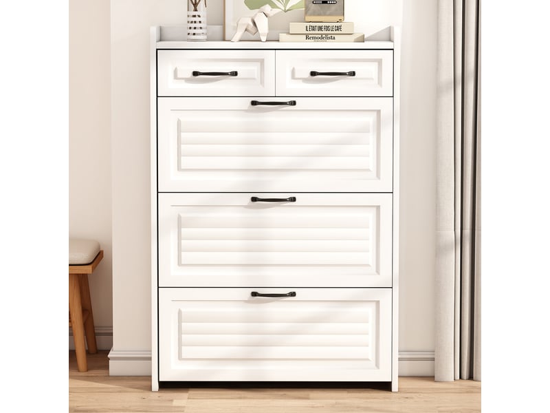 Meuble à chaussures 80x23,5x131 cm en panneaux de particules avec 3 abattants et 2 tiroirs blanc chicfurn  - Conforama C