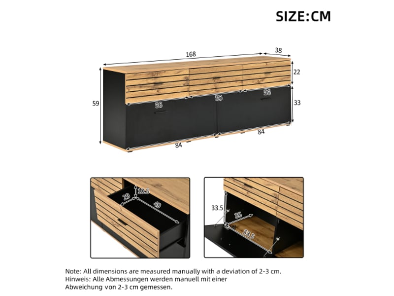  Meuble tv 168 cm - 2 portes, 3 tiroirs, pour tv jusqu'à 65 pouces - bois noir, motif ondulé, 168x38x59 cm  - Conforama C