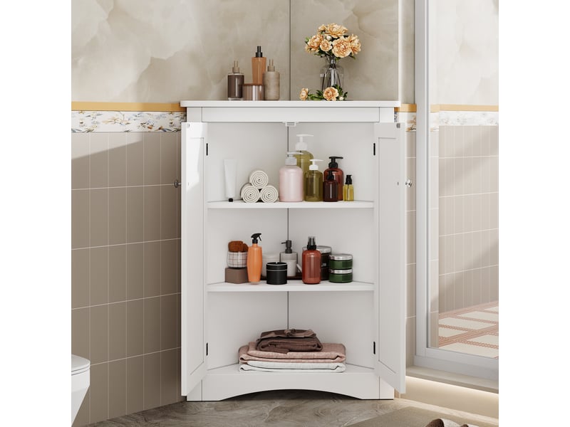  Meuble salle de bain - 61.5x34.5x80cm - armoire de coin autoportante avec 2 portes, 3 niveaux de rangement en bois mdf - blanc  - Conforama B