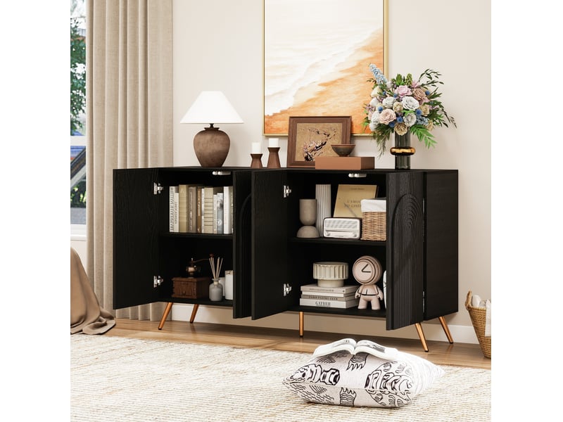 Buffet bas 4 portes 150x37x83,5 cm, rainures 3d, tablettes réglables, pieds dorés, panneaux de particules, noir - Conforama B