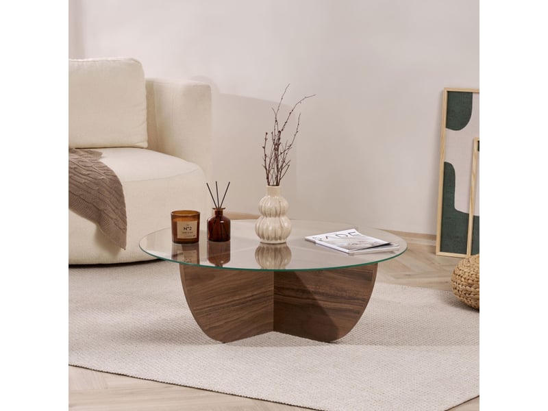  Table basse de salon en verre trempé et bois mdf mélaminé noyer 90 x 90 x 30 cm  - Conforama C